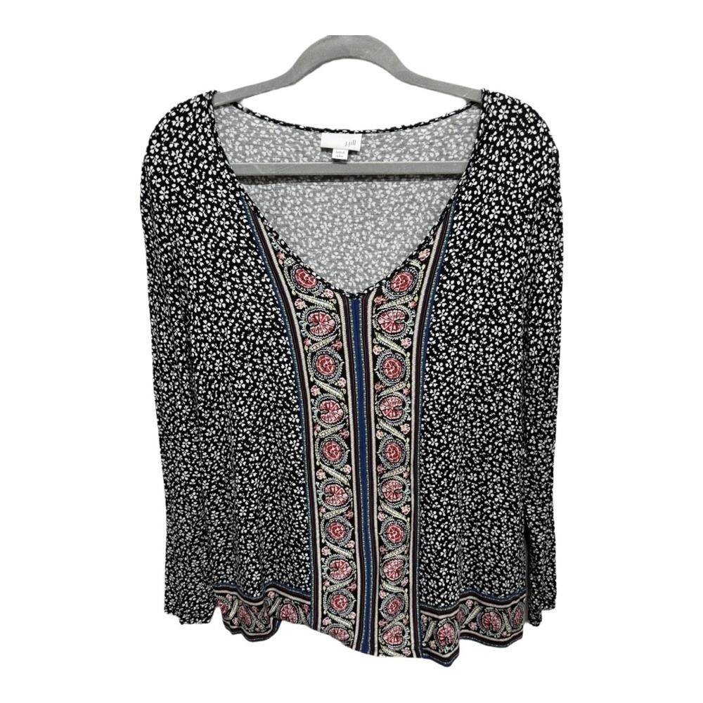 J Jill Top Size Large Petite Black Floral Ditsy V Neck Long Sleeve Boho Rayon